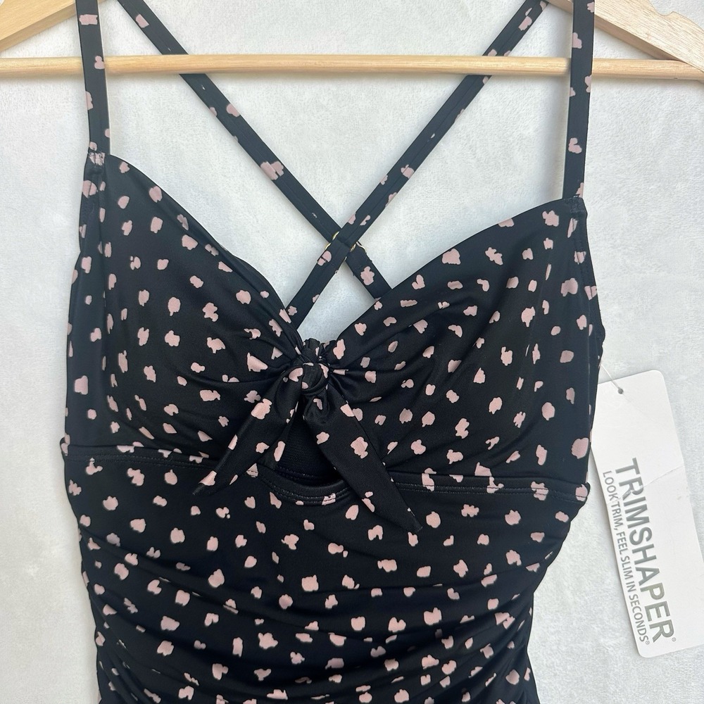 Trimshaper Black Pink Dot One Piece Swimsuit Sz 8 Ruched Tummy Control NWT Sexy‎